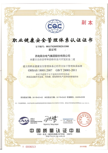 職業(yè)健康安全管理體系認(rèn)證證書